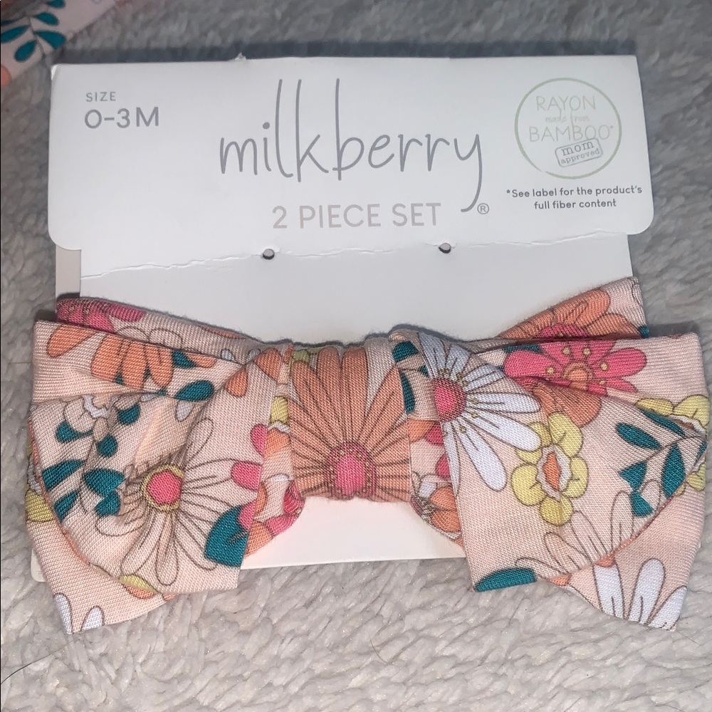 NWT Milkberry Orange Floral Footie Set 0-3M Bamboo w/ Headband - Picture 4 of 8